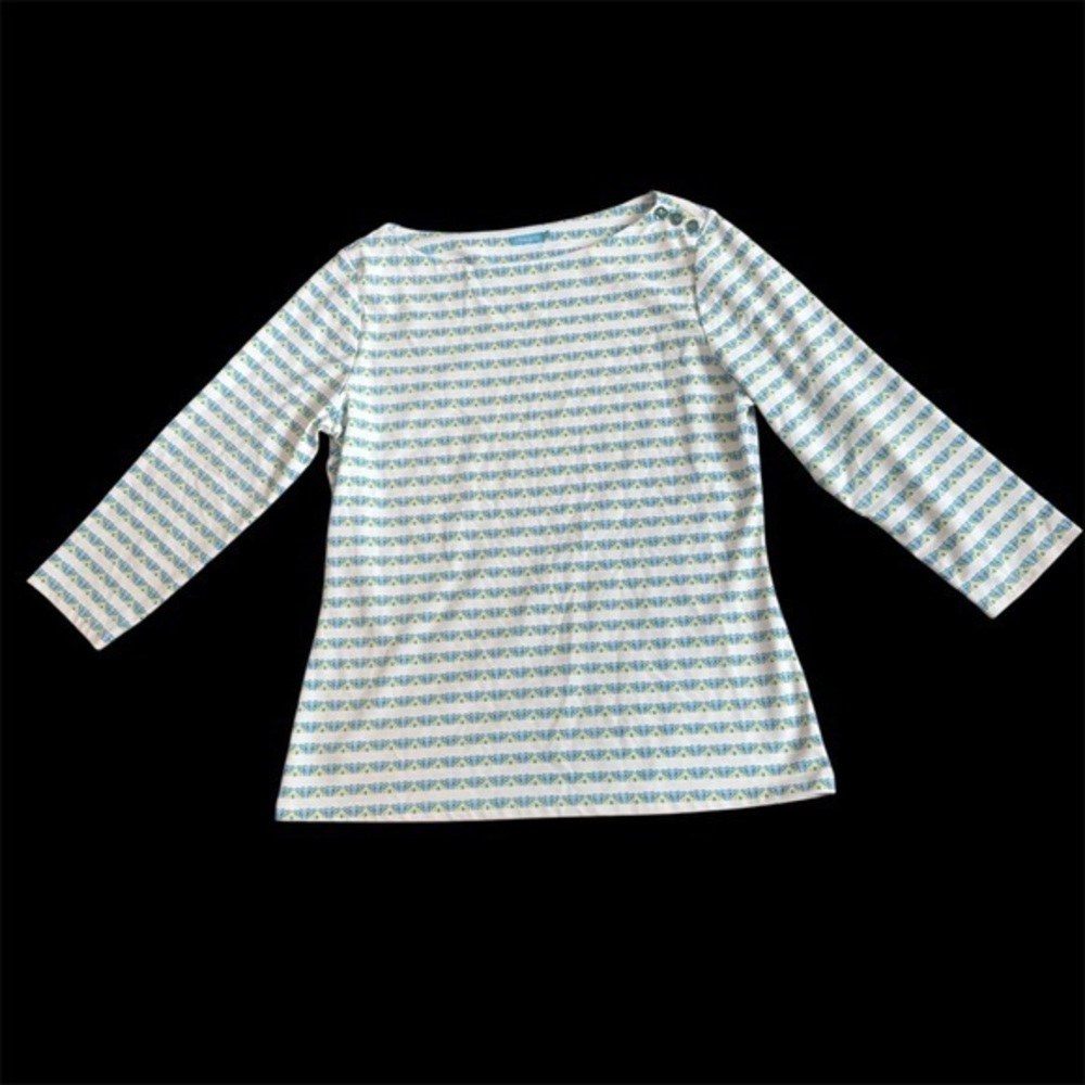 J. McLaughlin Boatneck 3/4 Sleeve Top Blue Yellow Geometric Print